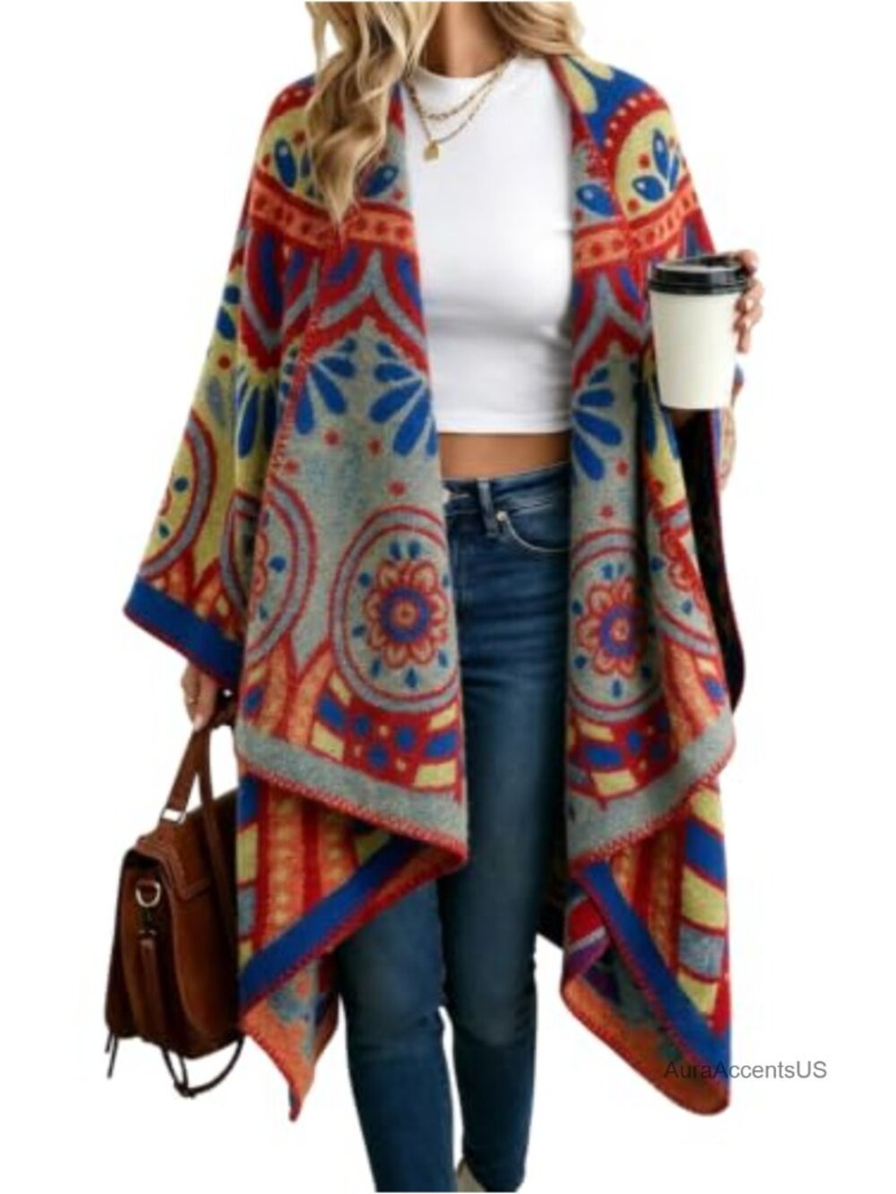Women's Retro Boho Poncho Cape Shawl Wrap Fringe Open Front